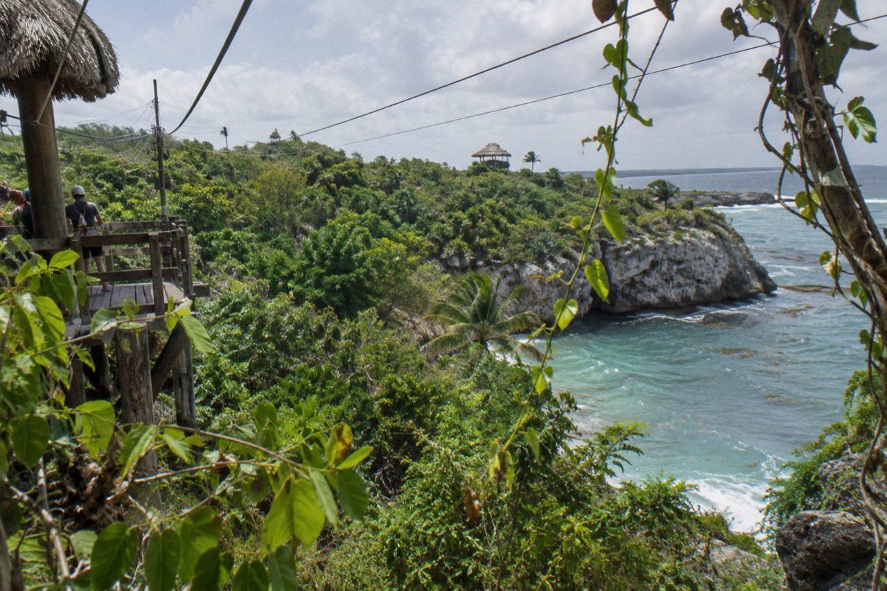 Zipline cables and wooden platform among dense tropical jungle canopy