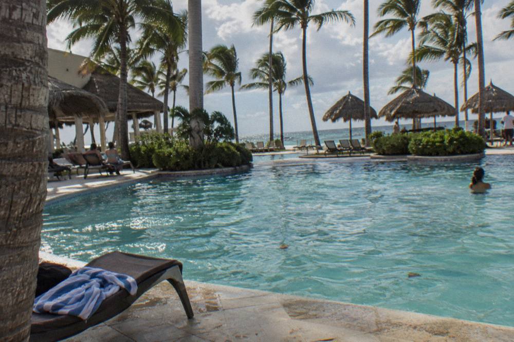 A resort swimming pool fringed by palm trees overlooking a calm beach