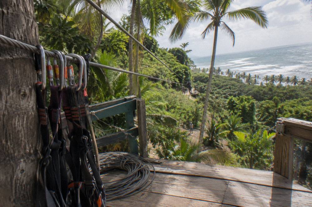 A wooden zipline platform in a palm forest with a coiled cable and carabiners clipped to a steel line