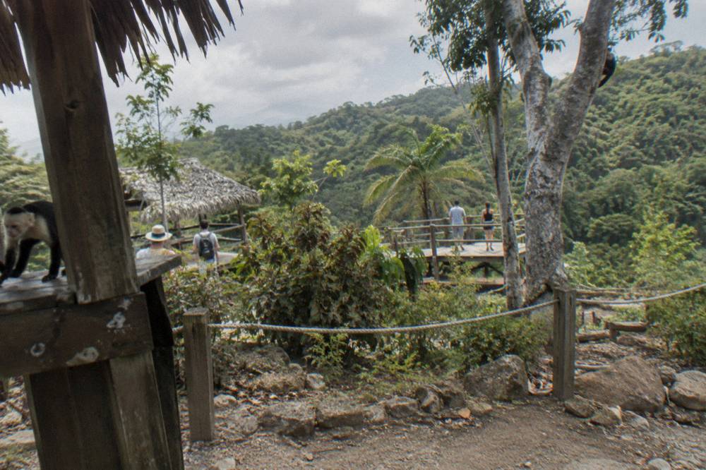 Guests in helmets and harnesses standing with a guide at a wooden zipline platform