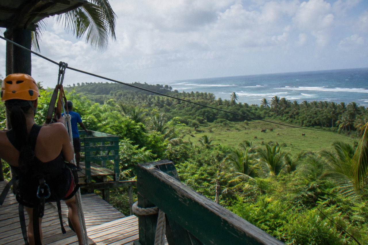 Zipline platform built into a green jungle canopy in the Dominican Republic countryside