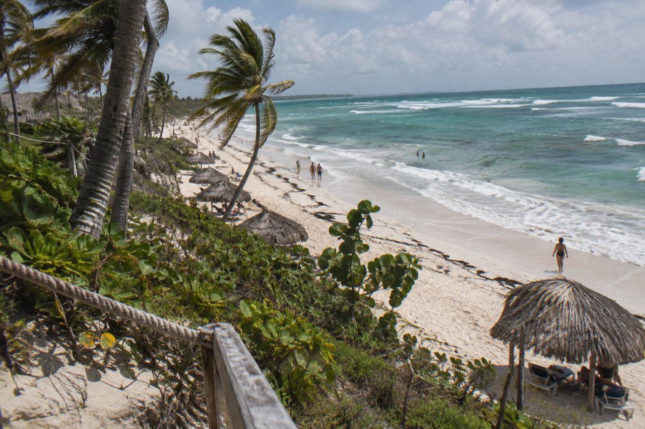 Wide view of a palm-lined public beach shoreline with turquoise water under a bright sky