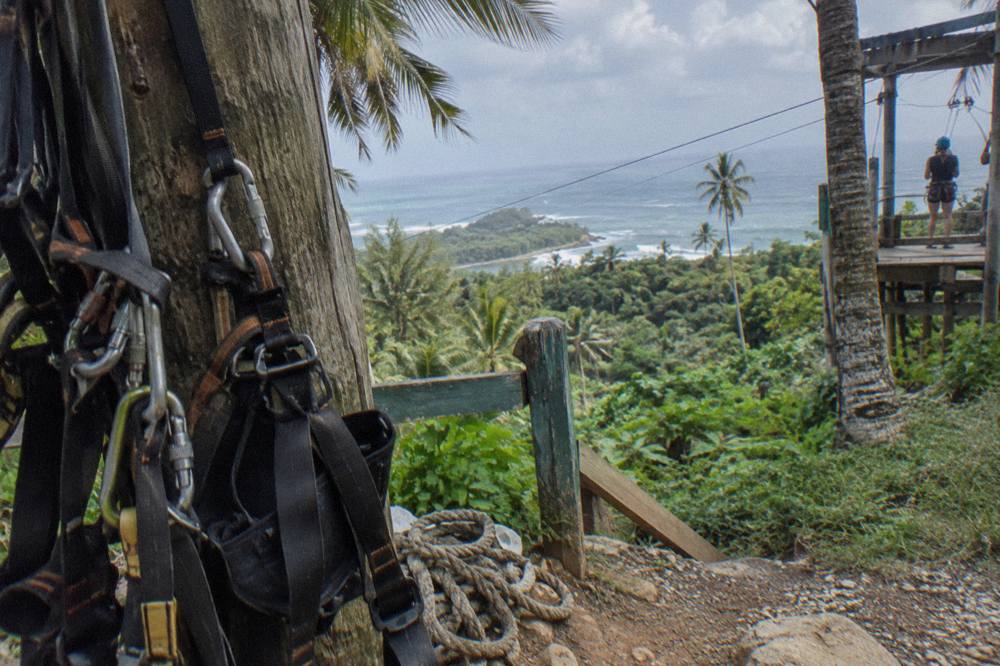 Zipline harness straps and carabiners hanging on a wooden post beside a jungle platform