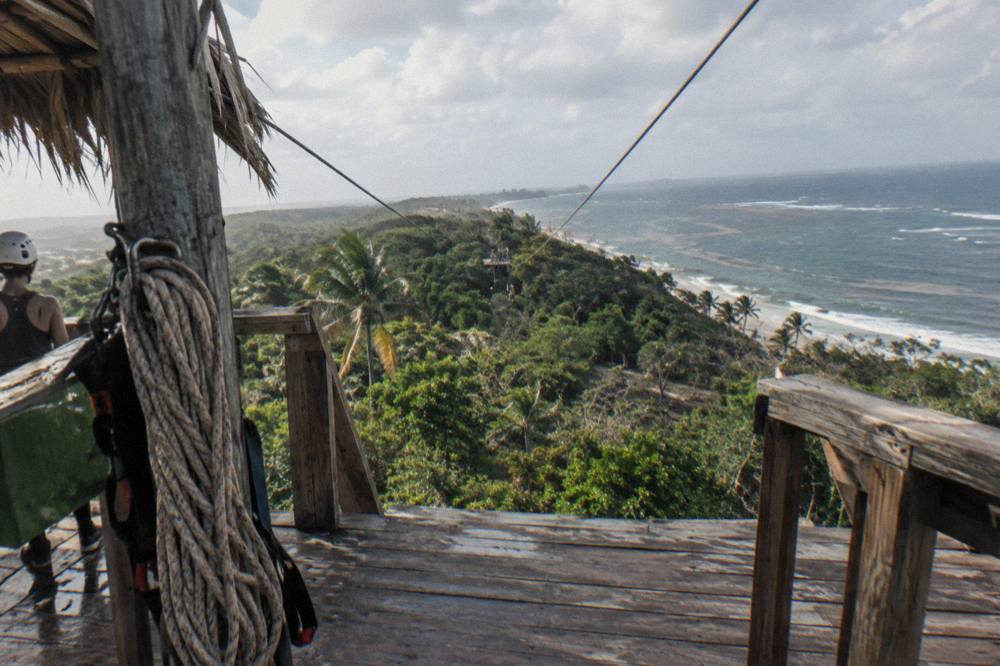 Zip line platform built into a dense tropical forest with cables leading away between trees