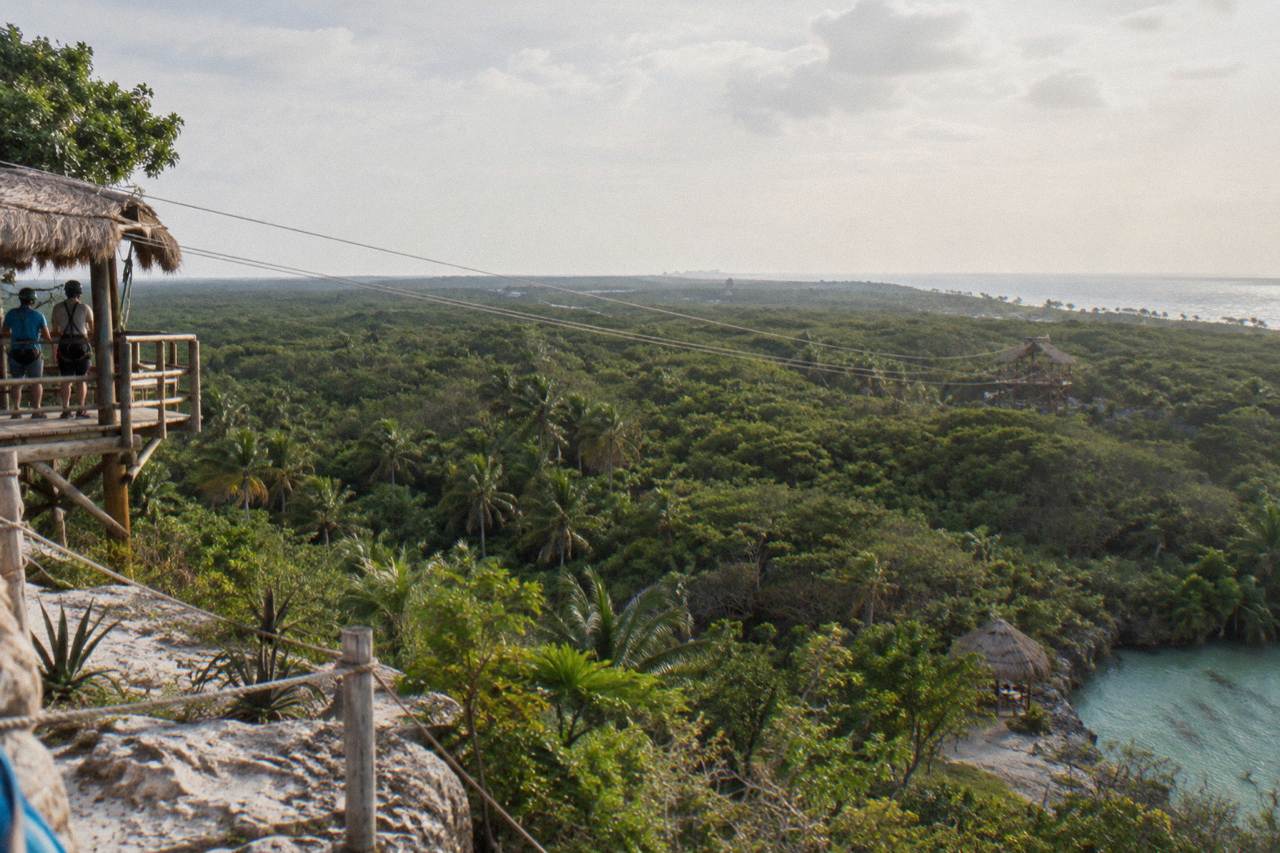 Forest canopy and zipline cables stretching across a green mountain valley near Punta Cana