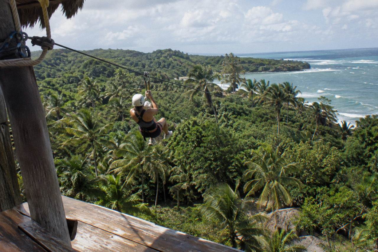 Zipline cables crossing a green jungle canopy in Punta Cana
