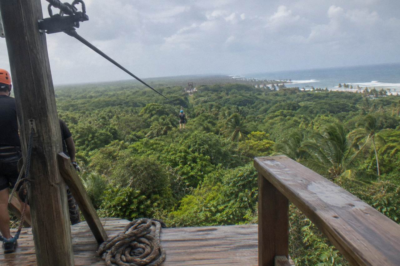 Zipline platform above tropical forest in the Dominican Republic countryside