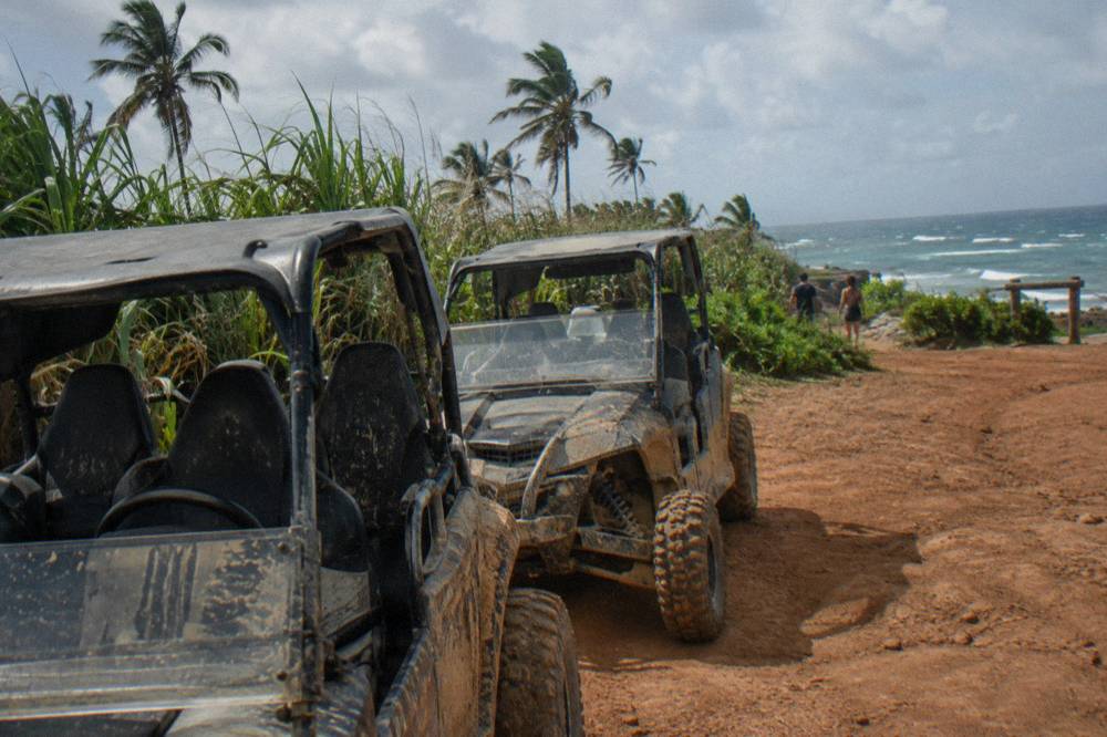 Two buggies parked on a dirt road beside tropical vegetation