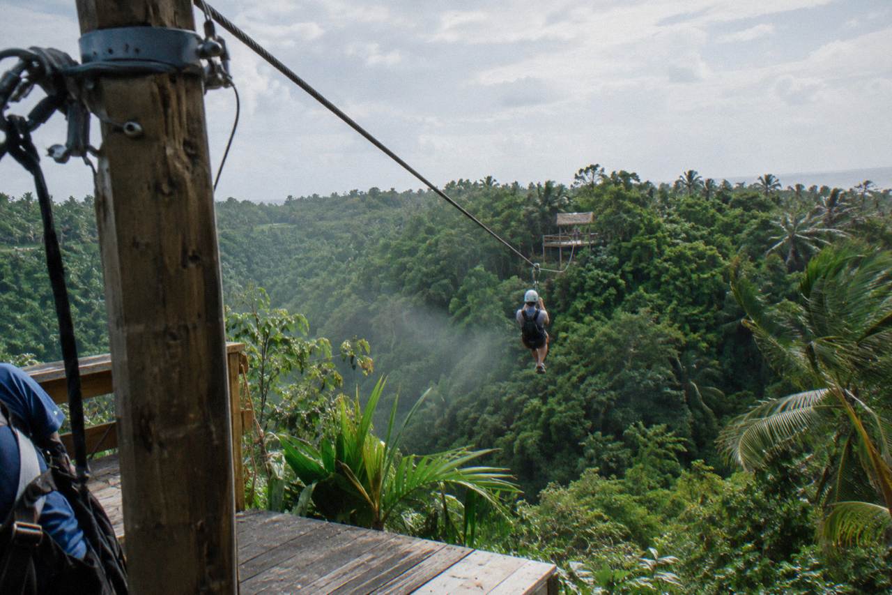 Zipline cable stretching across a green jungle canopy toward a wooden platform