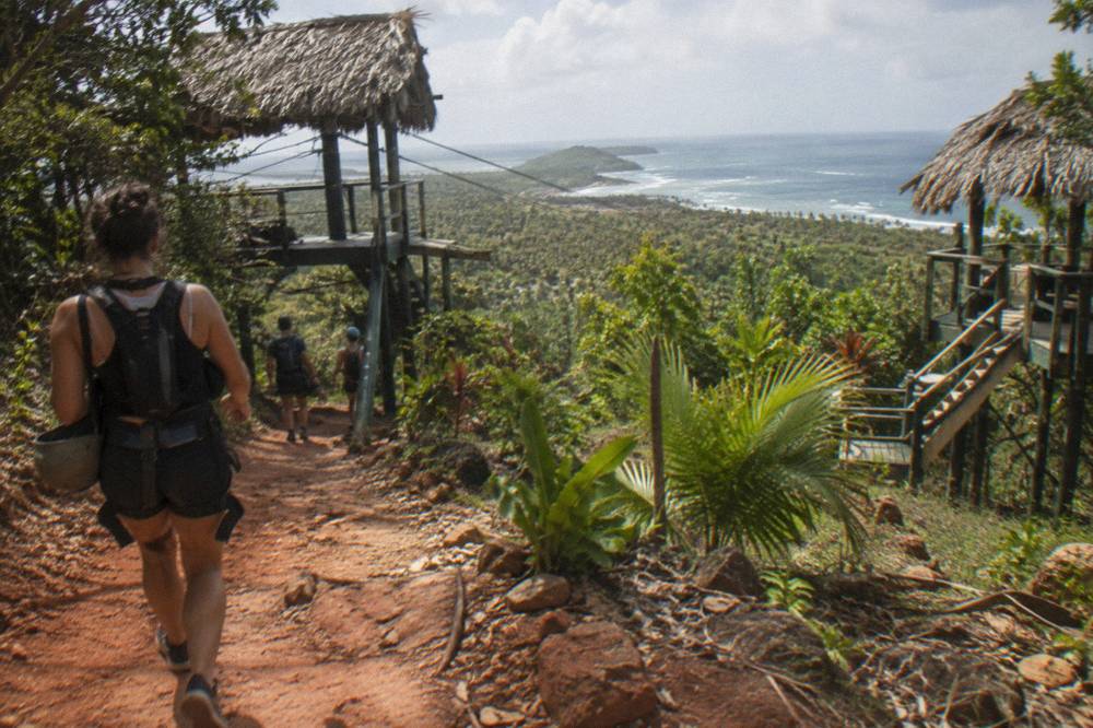 Group of zipline riders in harnesses and helmets walking a jungle trail between platforms