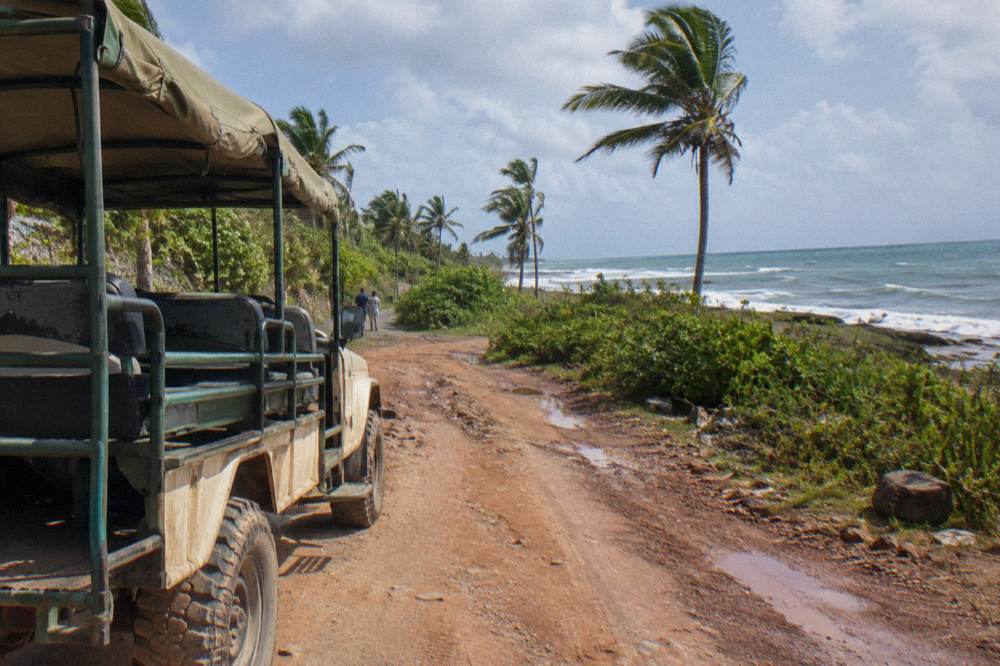 Open-sided safari truck parked on a jungle road waiting for zipline tour guests